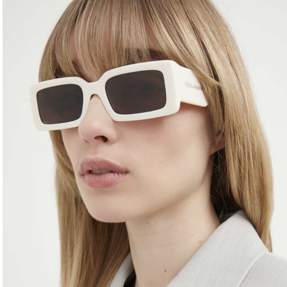 Dolce & Gabbana Cream Rectangular Sunglasses with Dark Lenses